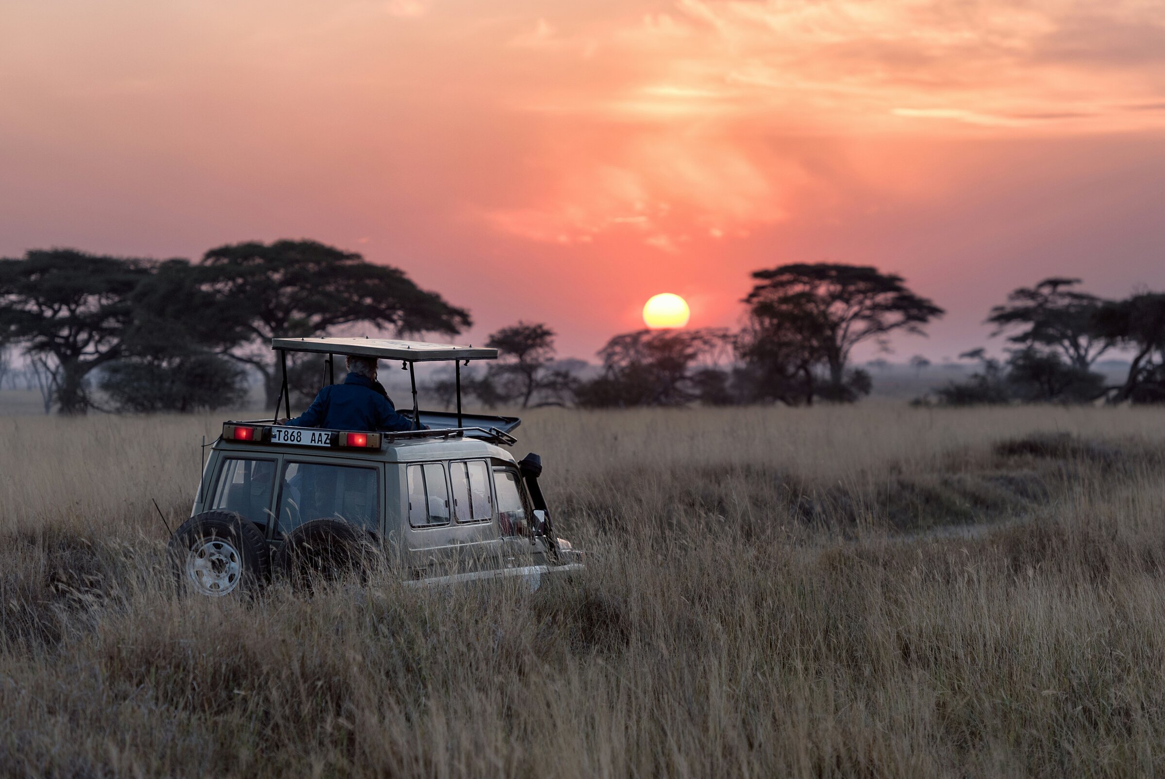 Safari jeep bij zonsondergang in de savanne
